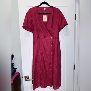 Linen Raspberry Wrap-Style Midi Dress